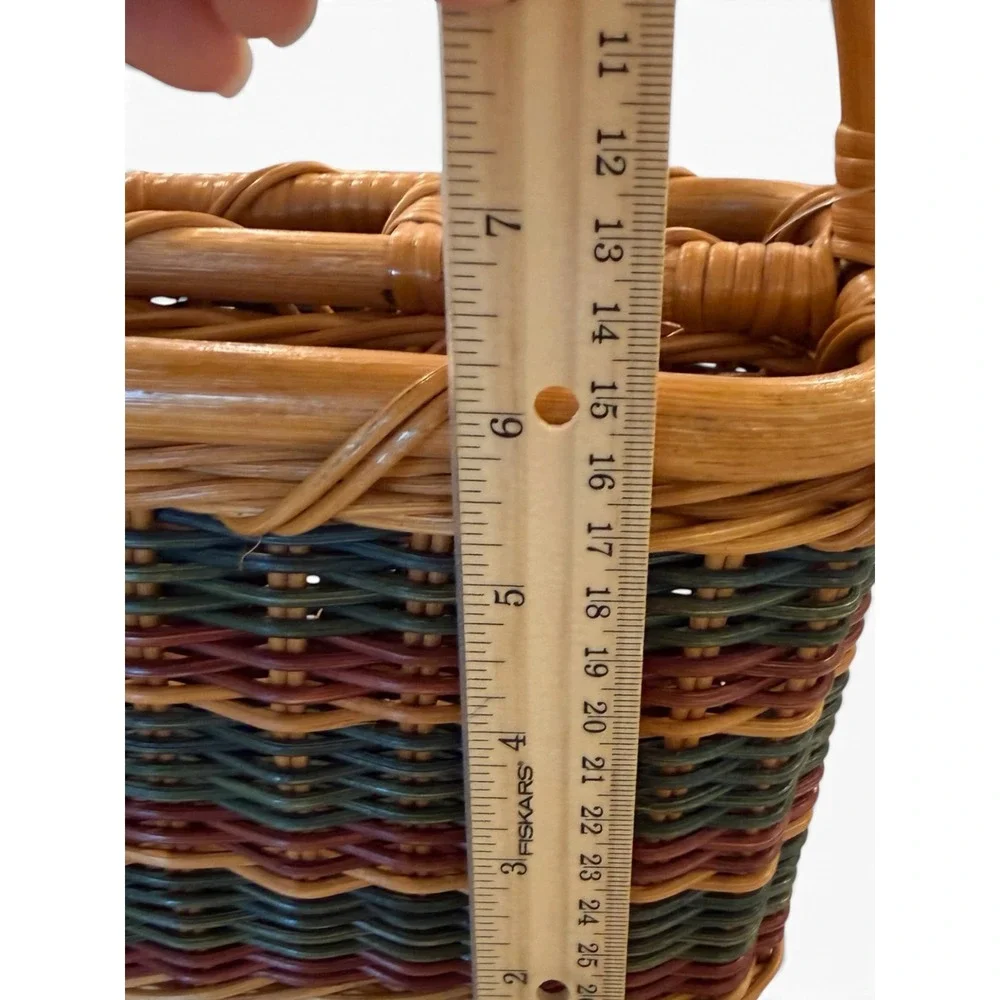 Vintage Wicker Utensil Caddy Woven Rattan Flatware Basket Green Burgundy Brown